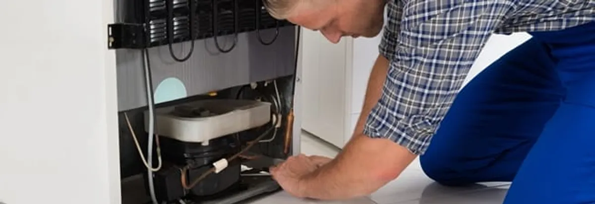 Refrigerator repair technician servicing the compressor and condenser area in Bellevue, WA